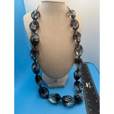 Chunky Smoky Black Clear Swirl Resin Bead Statement Necklace Organic Pebble 24in