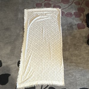 Louis Vuitton Monogram Logo Beige Fringe Silk Wool Metallic Rectangle Scarf