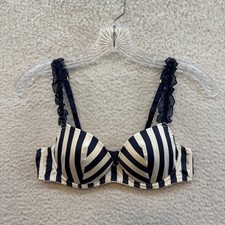 Y2K Vintage Victoria's Secret Bra 36B Navy Blue Striped Balconette Underwire