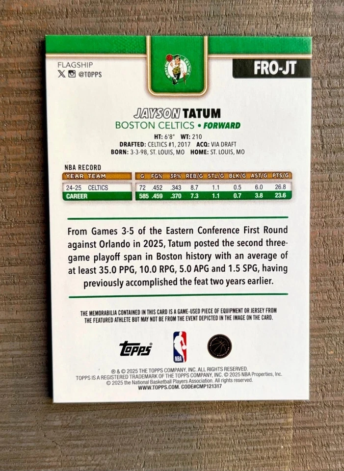 2025 Topps Flagship #FRO-JT Jayson Tatum Celtics - Game-Worn Patch w/ Blood Spot - Image 3 of 3