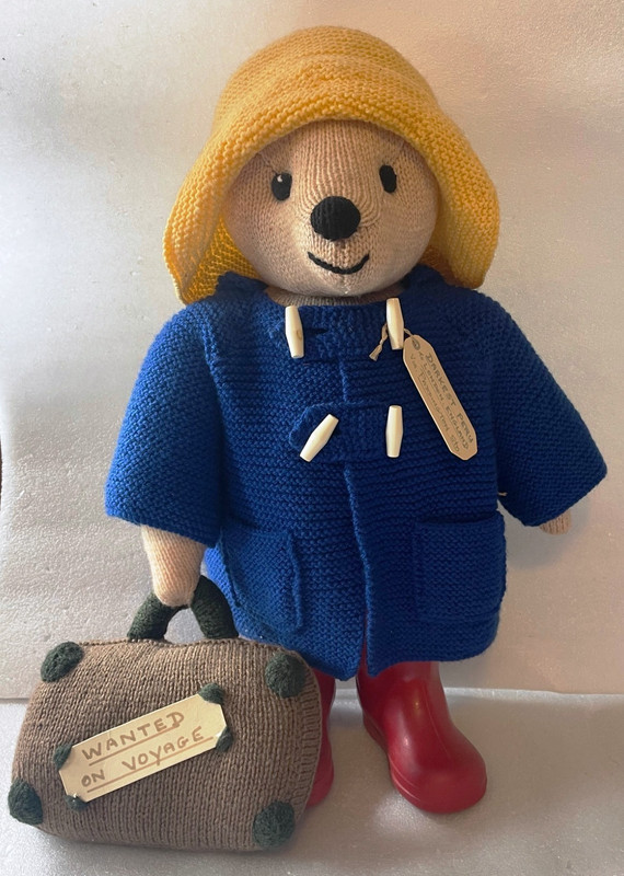 Vintage Handmade Knitted Paddington Bear 18” Blue Coat Hat Boots Suitcase