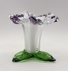 Vintage Art Glass Posy Vase Green White Purple Frilled