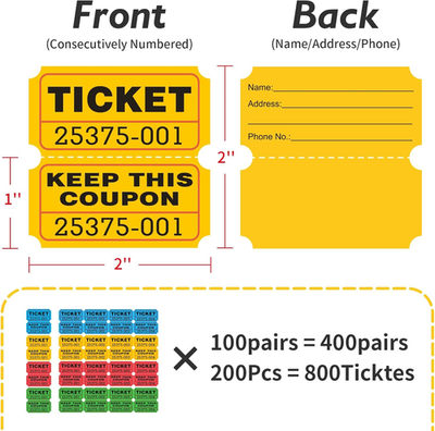 Raffle Tickets, 800 Pcs 400 Pairs,50/50 Double Ticket,Bold Numbers