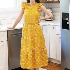 J. CREW Tiered Voile Maxi Dress Floating Sunflowers Embroidered Lemon Ochre {B8}