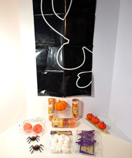 Halloween Decoration Lot, Chalk Body Outline, Spider, Bats, Skulls, Mesh, Ribbon
