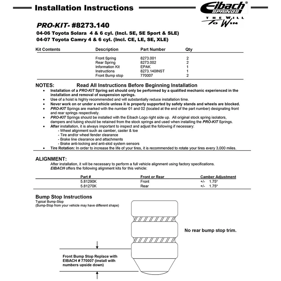 Kit de resortes rebajadores delanteros traseros Eibach 8273.140 PRO-KIT para Toyota Camry 2004-11 Foto 2 de 4