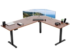 VIVO Dark Walnut / Black Electric 75" x 63" Corner Desk, L-Shaped Workstation