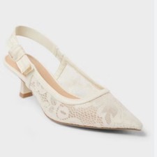 A New Day Cream Lace Slingback Heels Pumps Pointed Toe Bow Detail Women's 7.5