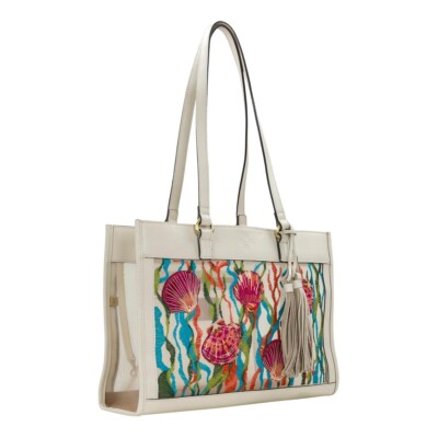 Patricia Nash GIANELLA Leather and Mesh Tote Bag~Latte Seashell Resort Tropical