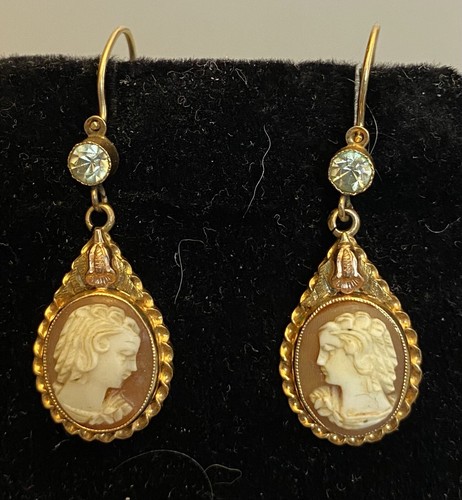 Antique 14K Gold Cameo Drop Earrings Jeweled Leverbacks Exquisite Shell Carving - Picture 7 of 9