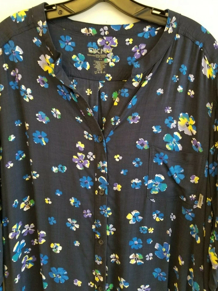 DKNY Floral Long Sleeve Button-Up Sleepshirt Dress Maxi Gown Kaftan 3X = 22W/24W - Image 3 of 4