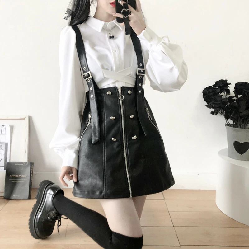 Korean cute Women sweet Harajuku High Waist Long Sleeve Dress Faux Leather  Skirt