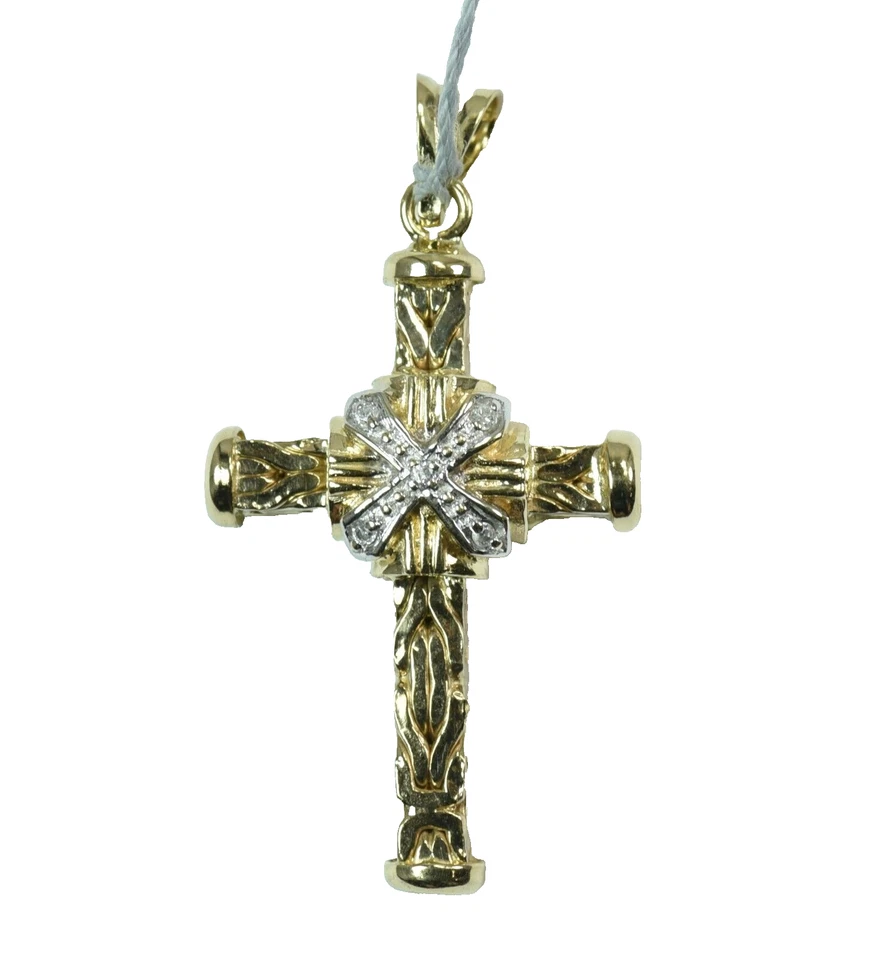 Colgante Cruz Oro 14k Sólido Dije Cadena Rey Bizantino Diamantes Naturales