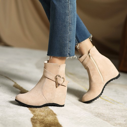Women's Hidden Wedge Heel Shoes Love Buckle Faux Suede Round Toe Zip Ankle Boots - Picture 22 of 26
