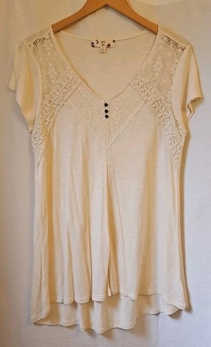 Hippie Rose Top Size L Beige Floral Lace S/S Cottagecore Boho Tunic W109