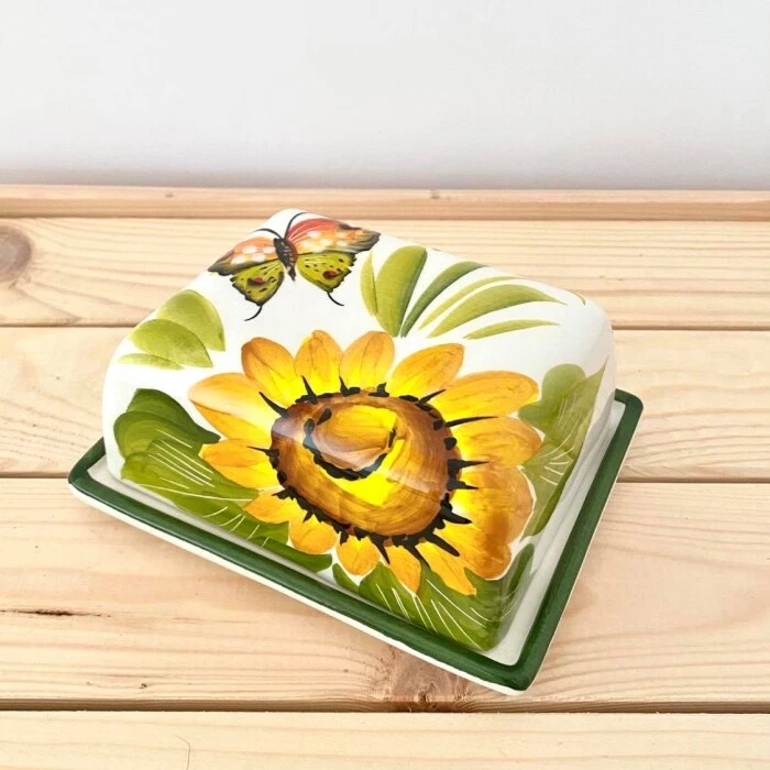 Bassano Ceramic Butter Dish Sunflower Motif 5 Cm High From Italy New
