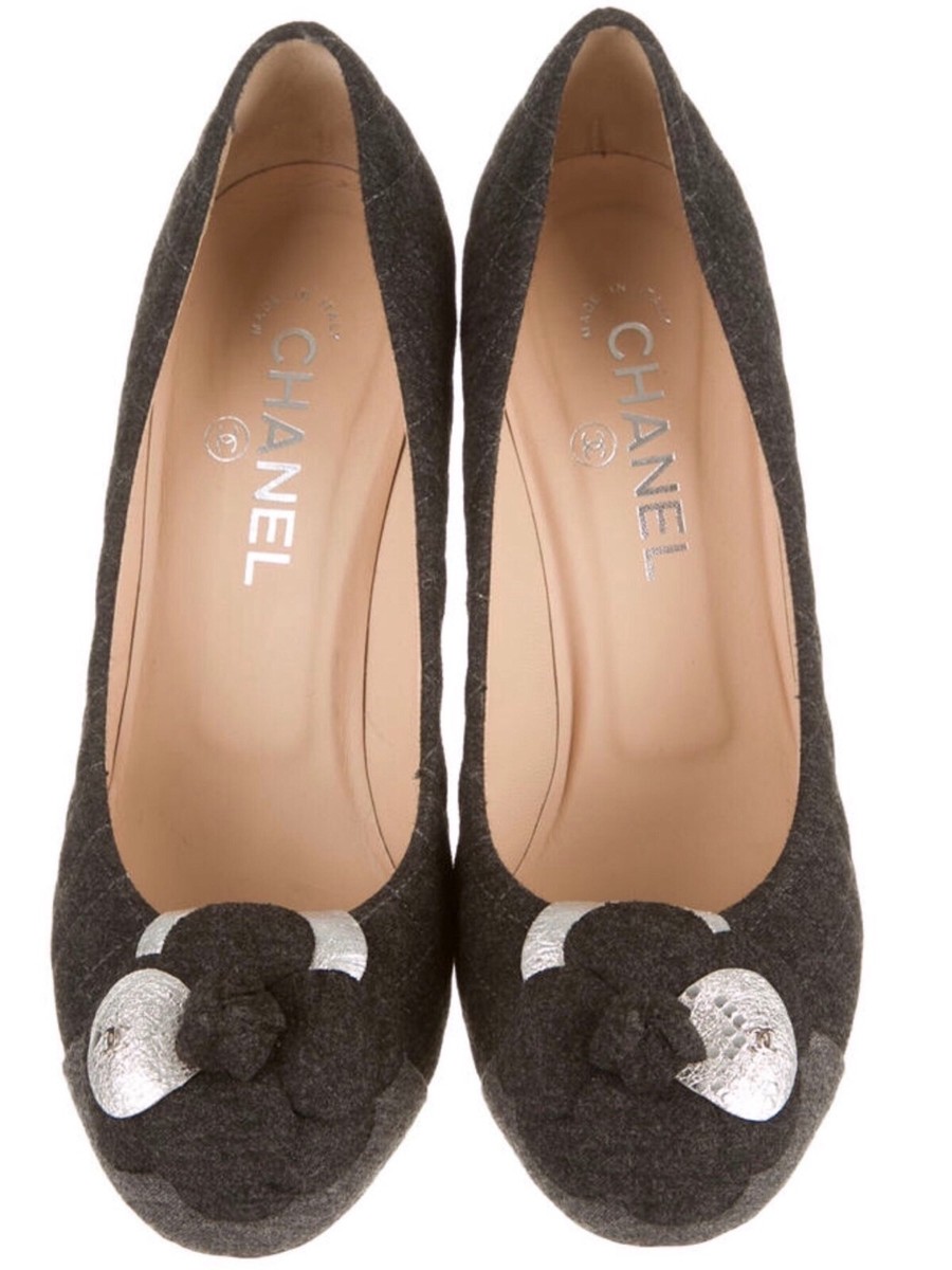 CHANEL SIGNATURE EXQUISITE CAMELLIA PUMPS SHOES QUILTED CHARCOAL