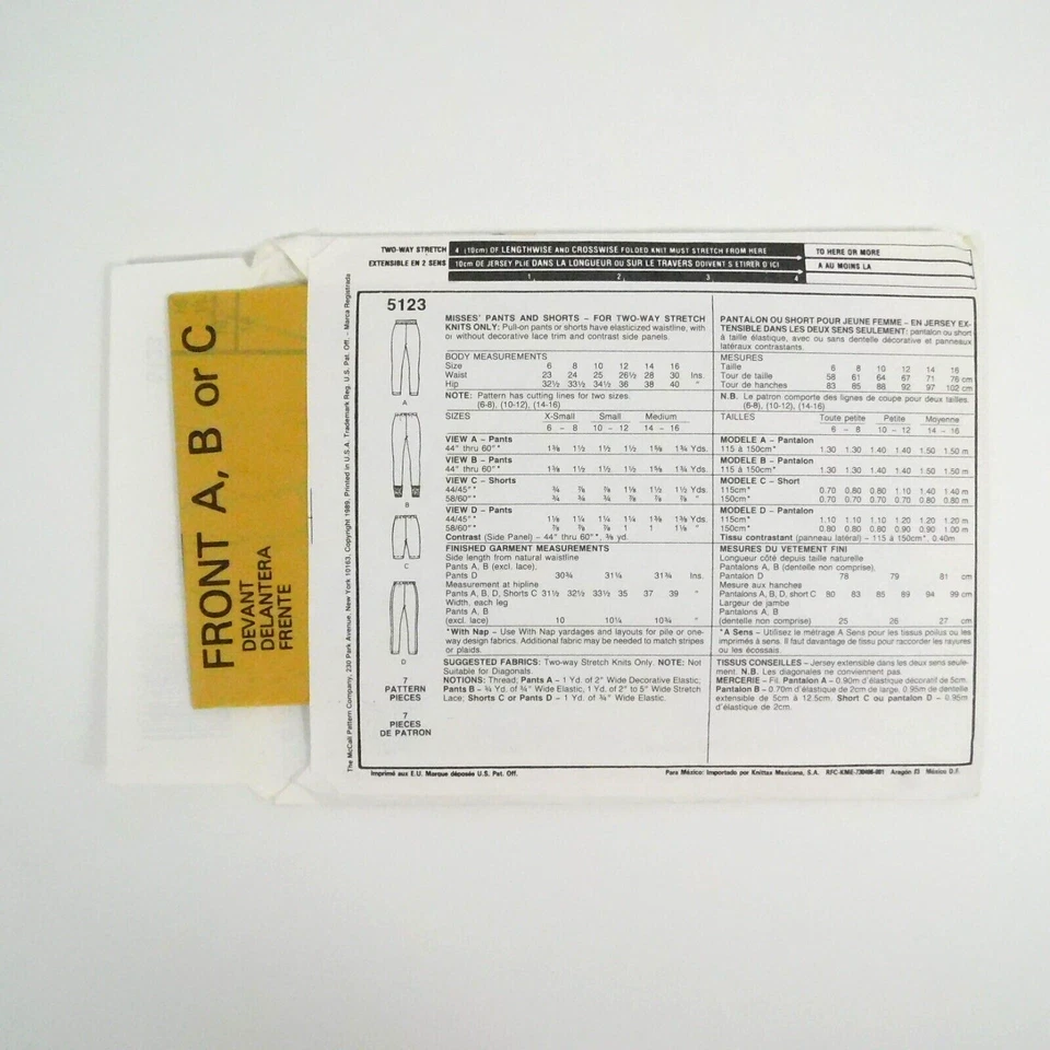 McCalls 5123 Misses Shorts Pants Leggings Size 14-16 Uncut Knit Workout Jogging - Image 3 of 4