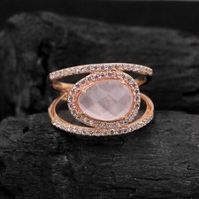 Genuine Rose Quartz Gemstone Ring Halo CZ Jewelry 925 Silver Ring Gift For Her