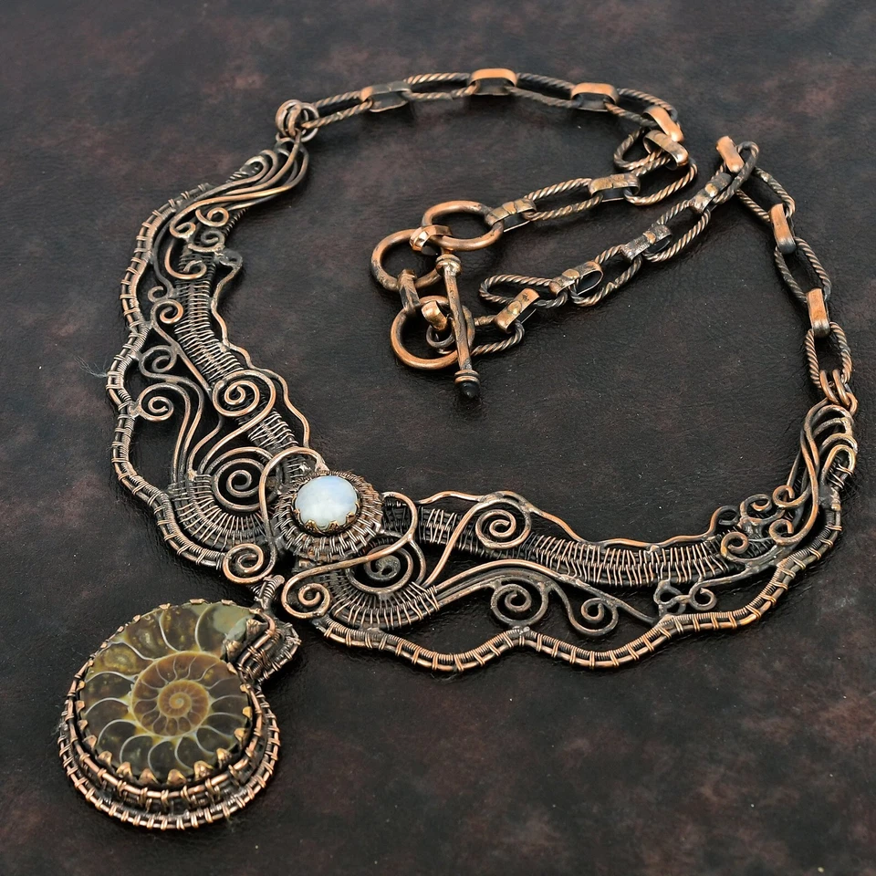 Collar ajustable cadena envuelta en alambre regalo de cobre fósil de amonita para mamá 18,0" Foto 4 de 4