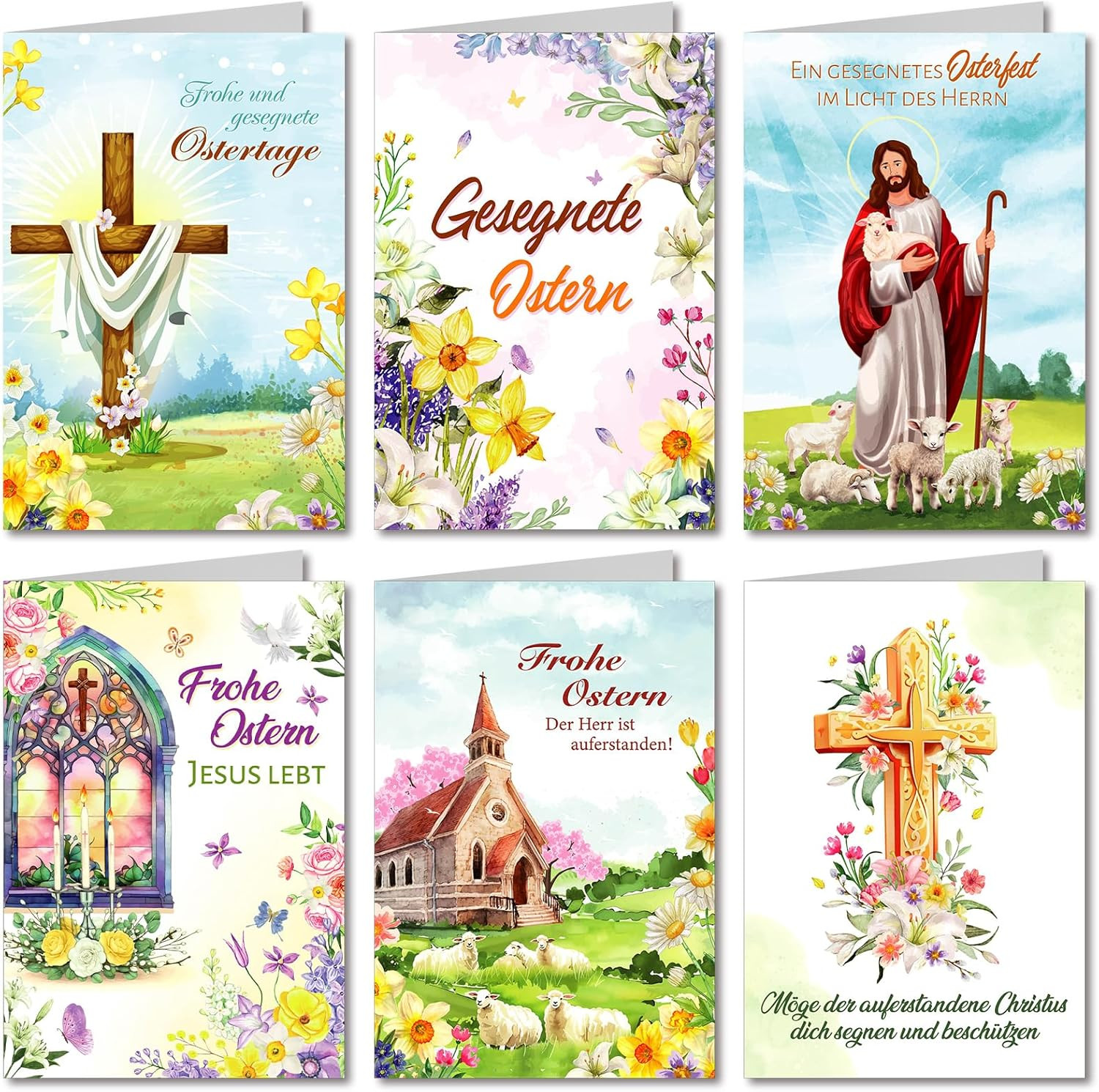 Christliche Osterkarten Set 6er - Frohe Ostern Klappkarten mit Umschlägen