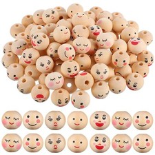 100 Pcs 20mm Wooden Beads with Face for DIY Bracelet Necklace Jewelry Making