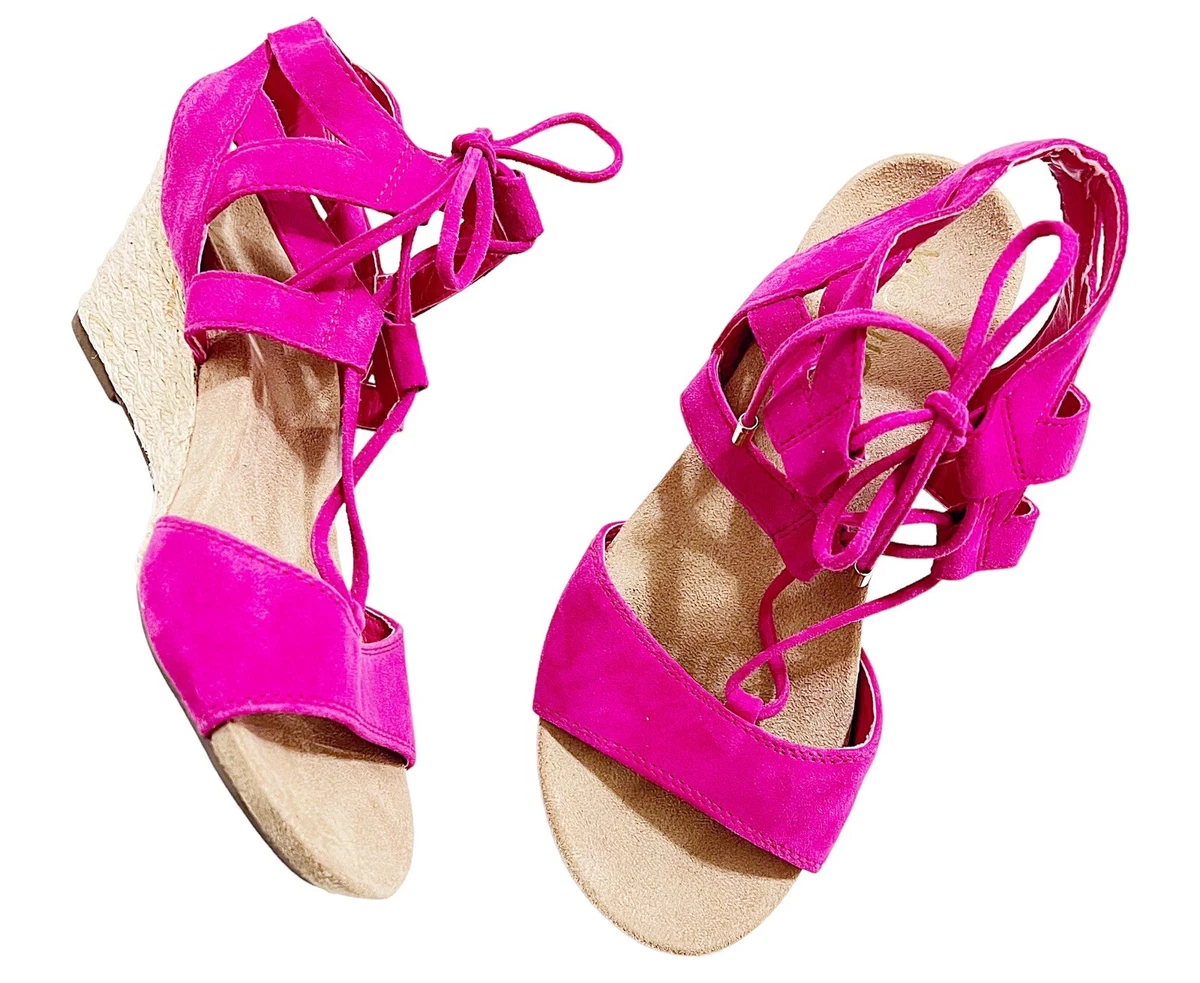Vionic Tansy Pink Wedge Espadrilles Sandals Suede Leather Strappy
