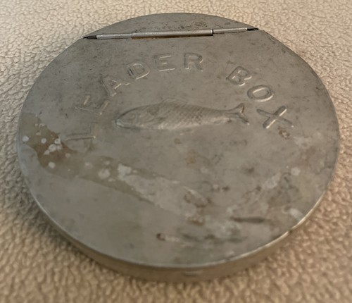 Vintage 1940's Fishing Round Aluminum Embossed Leader Box with Flies & Leader