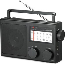 Portable AM FM Radio With Bass Control Built In Speaker Headphone Jack AUX Black
