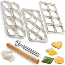 Ravioli Maker Press Mold Set - Round Heart Square Stamp Cutter with Wood Rolling