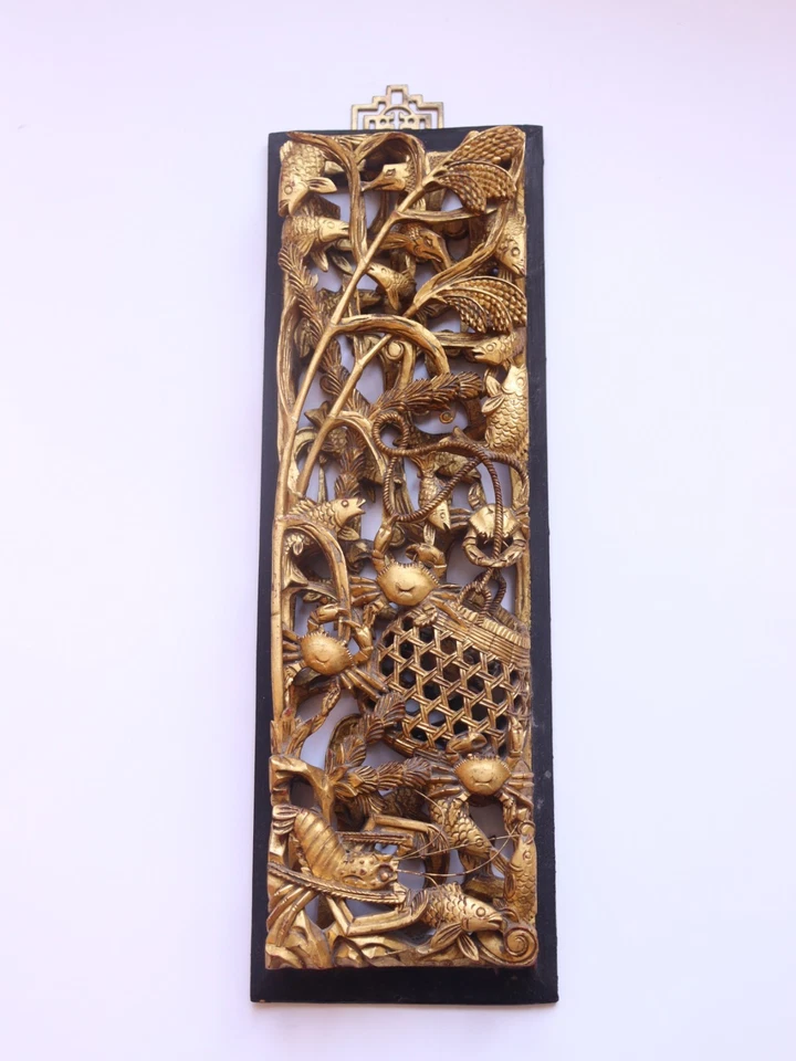 Painel de madeira antigo chinês esculpido e dourado dourado com ornamentos naturais 17,3"" - Imagem 2 de 4
