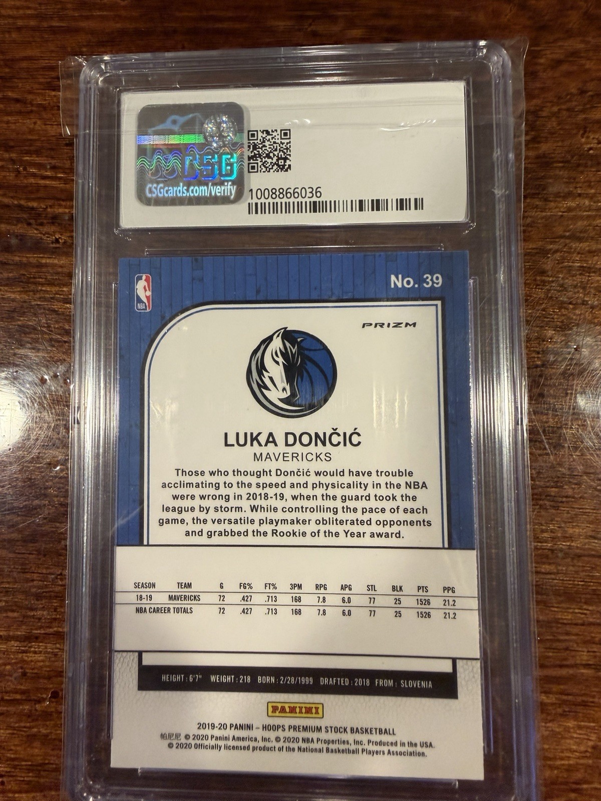 2019-20 Panini Hoops Premium Stock Silver Mojo Luka Doncic #39 CSG 9 Mint SSP view 2