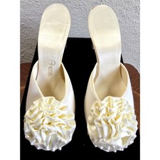 60s Vintage Ivory Daniel Green Satin Boudoir Slipper Pumps Peep Toe Size 7