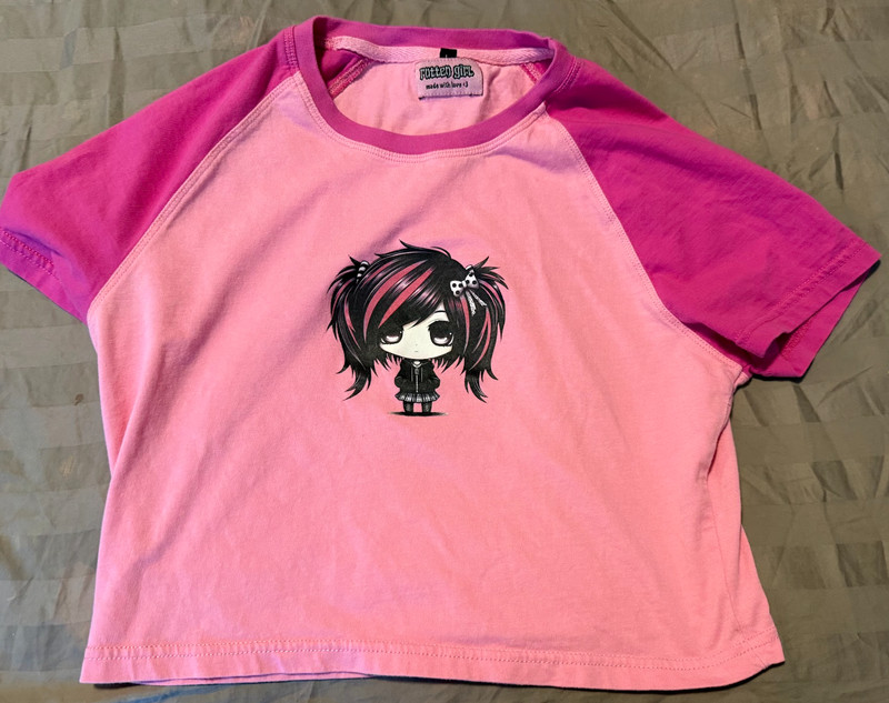 emo gothic y2k tank top/tshirt pink with doll on the front  Rottengirl large