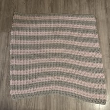 Hand Crocheted Knit Baby Blanket  Pink  Gray 38" x 40  