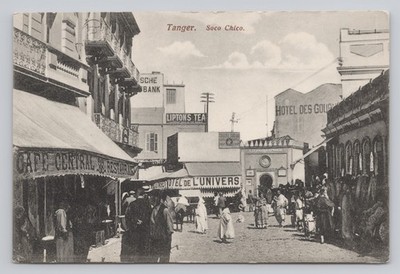 Tangier Morocco Market Street Scene Liptons Tea Sign Hotel Cafe Postcard