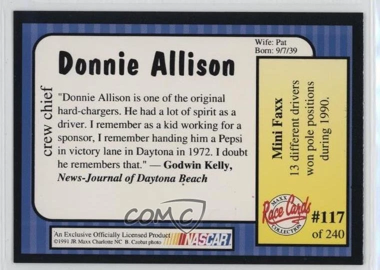 1991 Maxx Collection Donnie Allison (Crew Chief) #117 Rookie RC HOF - Image 2 of 2