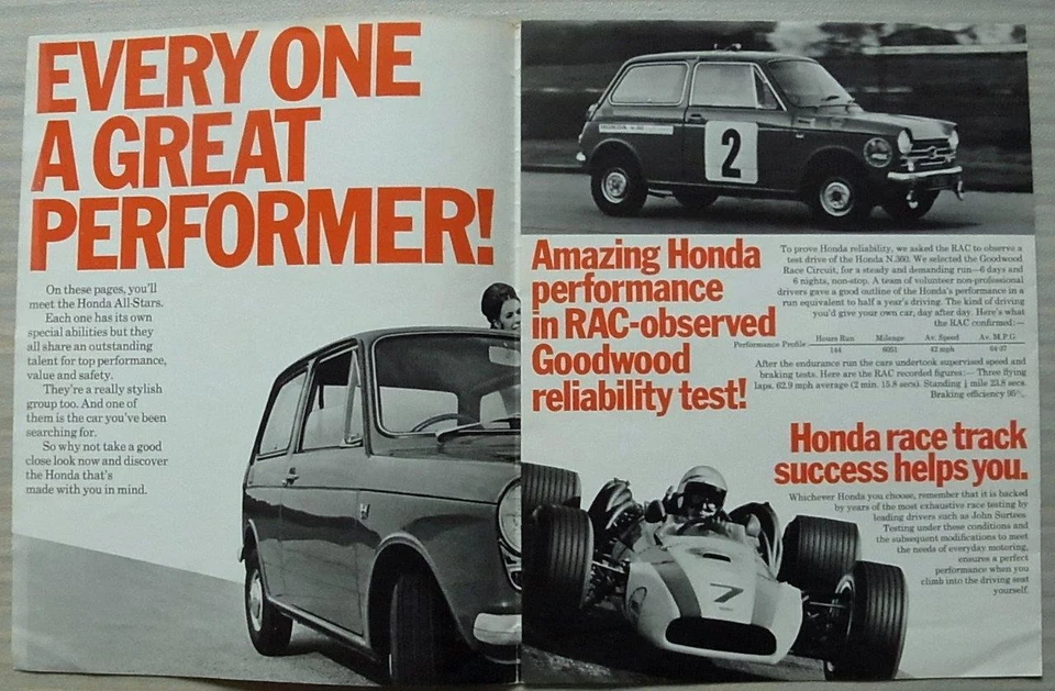 HONDA ALL STARS N360 N600 S800 Car LF Sales Brochure 1968 - Image 2 of 4