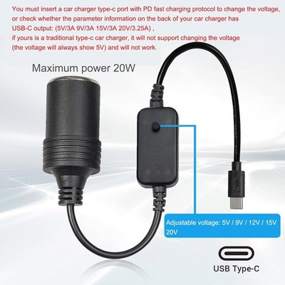 USB C Male to 12V Cigarette Socket, USB to Car Cigarette Lighter Socket  Converte | eBay