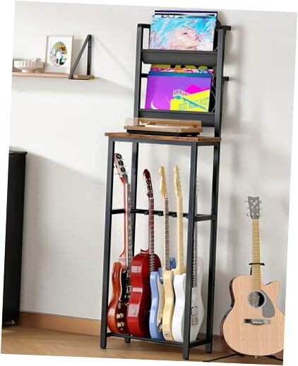 Guitar and Record Player Stand with Multi-Guitar Rack, Sturdy Display Storage