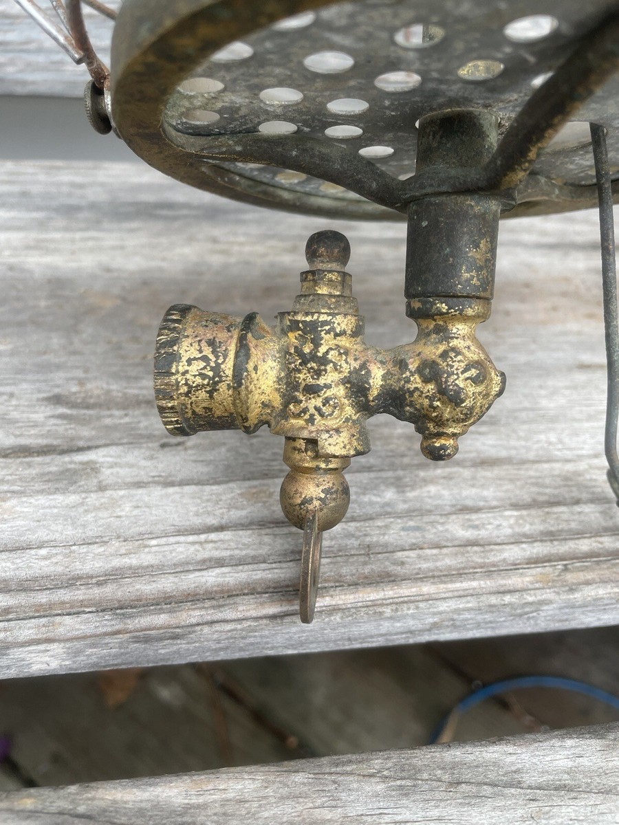 ANTIQUE J. B. COLT BRASS ACETYLENE GAS LAMP w WIRE GLOBE ENCLOSURE