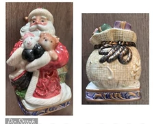 OMNIBUS By FITZ & FLOYD Christmas  Taper Candle Holder Pair SANTA & TOY BAG EC
