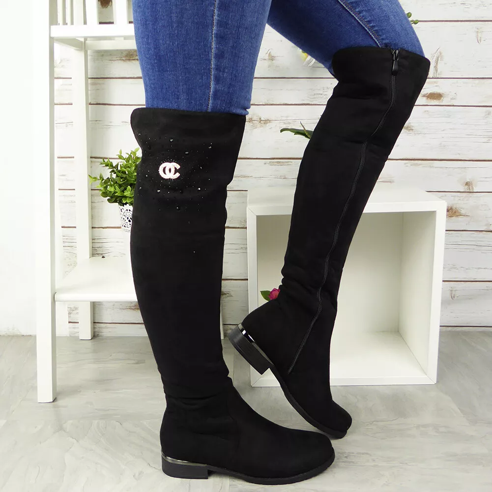 Knee High Boots Shoes Bling Ladies Lined Warm Winter Zip Comfy Heel Womens Sizes