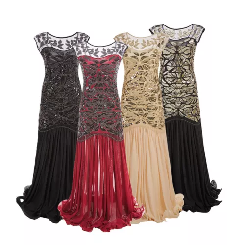 Deluxe Womens Dress 1920s Gatsby Flapper Long Sequin Retro Party Evening Cosplay - Picture 9 of 28