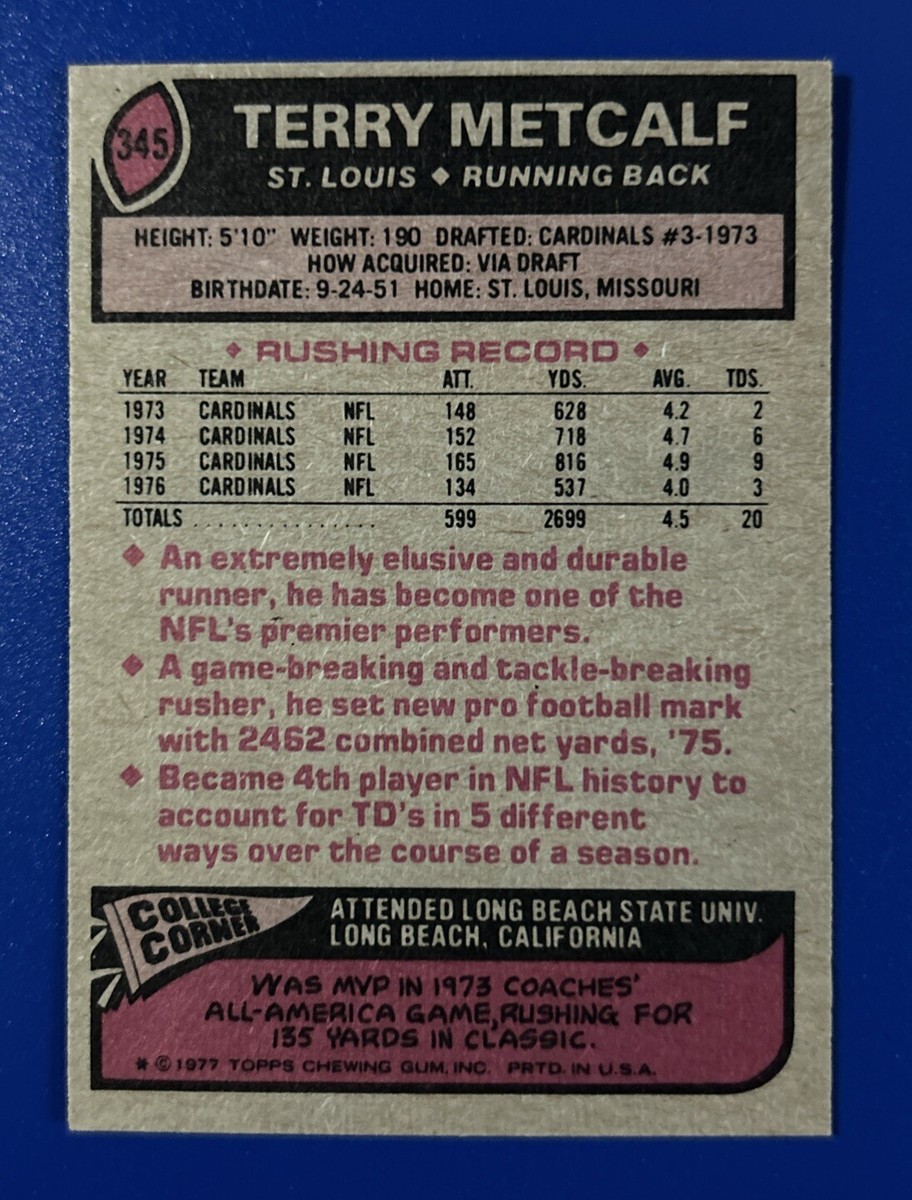 1977 Topps Football Terry Metcalf St. Louis Cardinals #345 | eBay