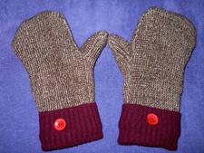 ALMOST BERNIE HANDMADE MITTENS BROWN, WHITE, with BURGUNDY CUFFS MEDIUM