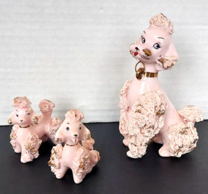 Vintage Pink Spaghetti Poodles Set of 3 Mom & Pups Lefton 1950's JAPAN