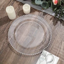 CLEAR SILVER 10 Round 10" Plastic Salad PLATES Beaded Rim Party Events