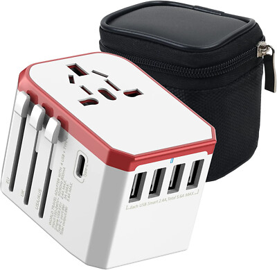 Weltweiter Reise Ladegerät Adapter mit 1 USB-C, 4 USB Anschluss, Universal Netzbuchse
