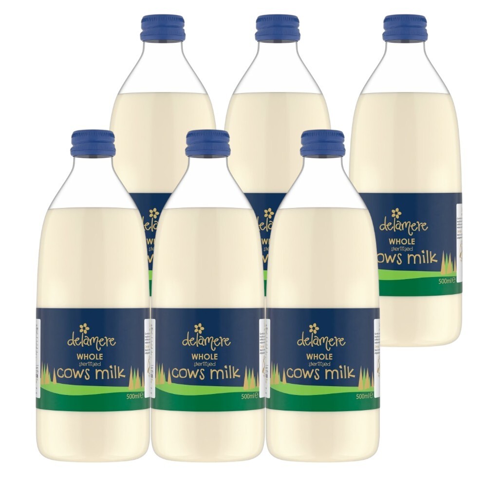 Delamere Dairy Whole Sterilised Cow’s Milk 6 x 500ml; Longlife Milk Glass Bottle